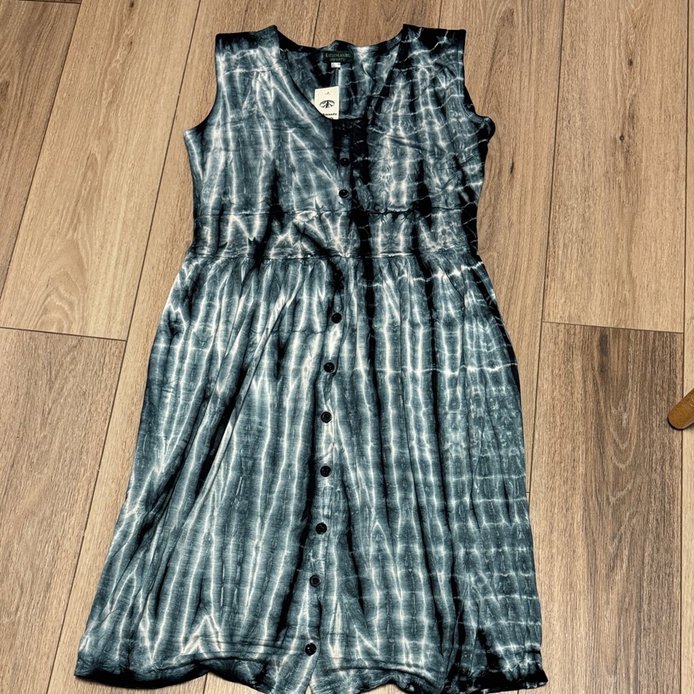Kathmandu NWT blue Black TYE DYE V NECK BUTTON DOWN MIDI Dress